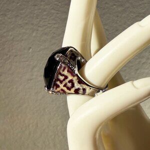 Vintage David Sigal Leopard & Black Crystal Stainless Steel Statement Ring
